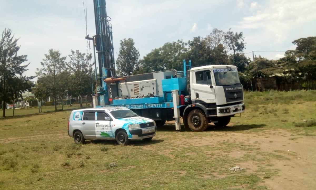 Borehole drilling rig operated by Menengai Drilling Ltd during a groundwater drilling project in Kenya